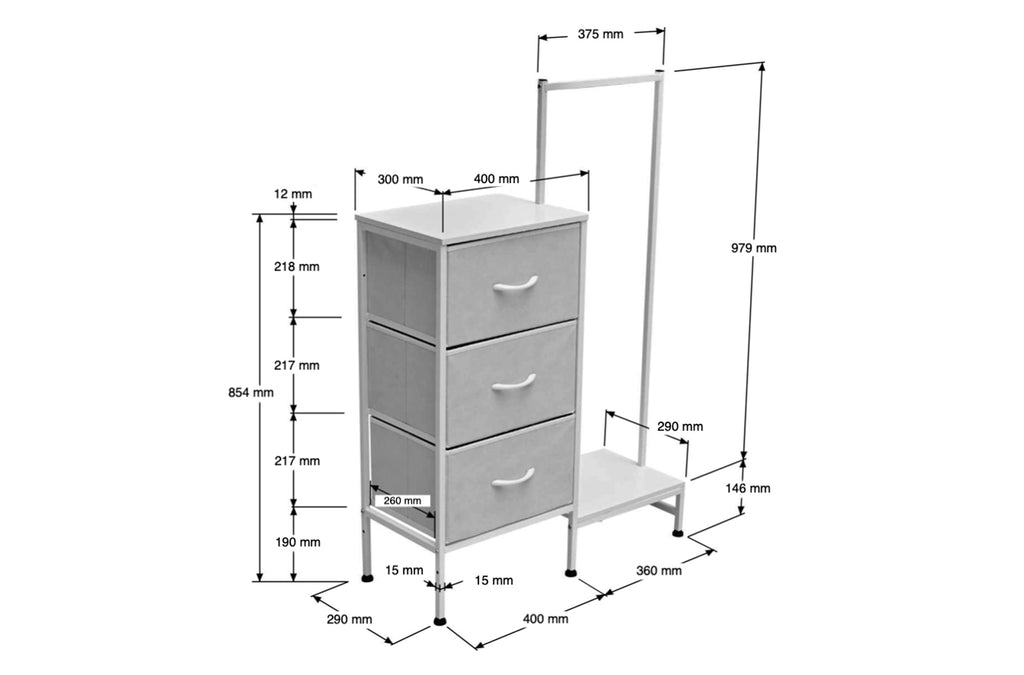 Estantería con Colgador 3 Cubos 76x30 cm Blanco - Blanco