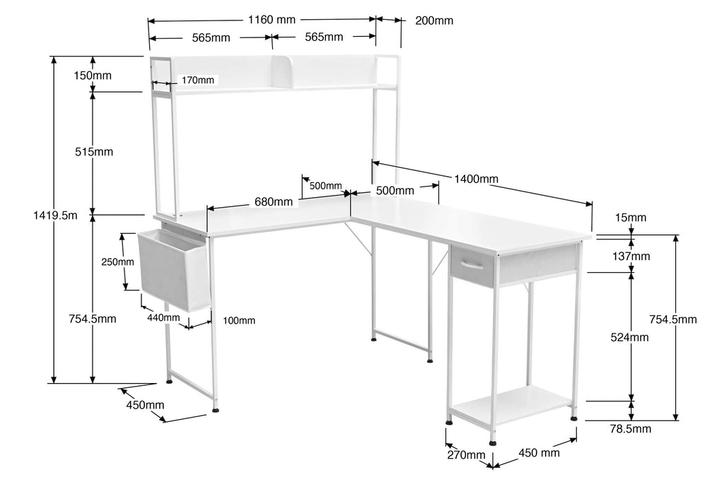 Mesa Estudio Versátil 120x50 - 140 cm Blanco - Blanco