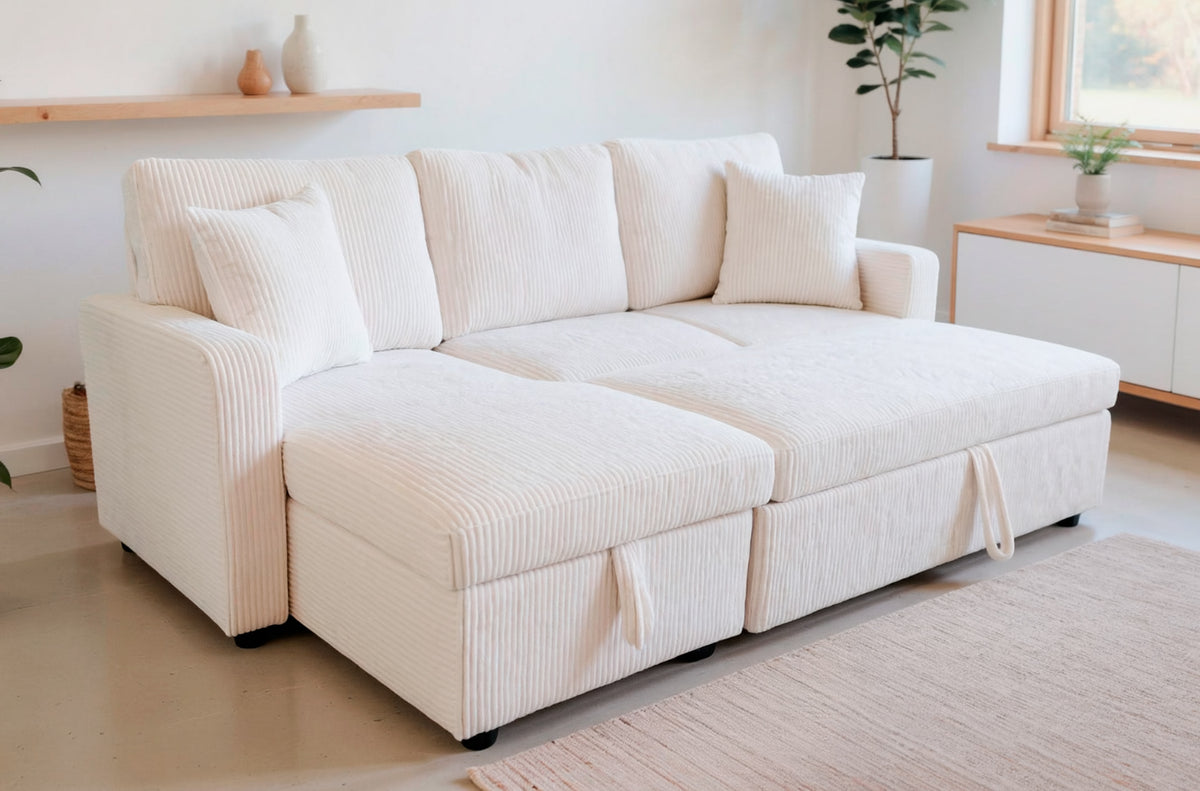 Sofá Cama Chaise 210 cm con Arcón Corduroy - Crema