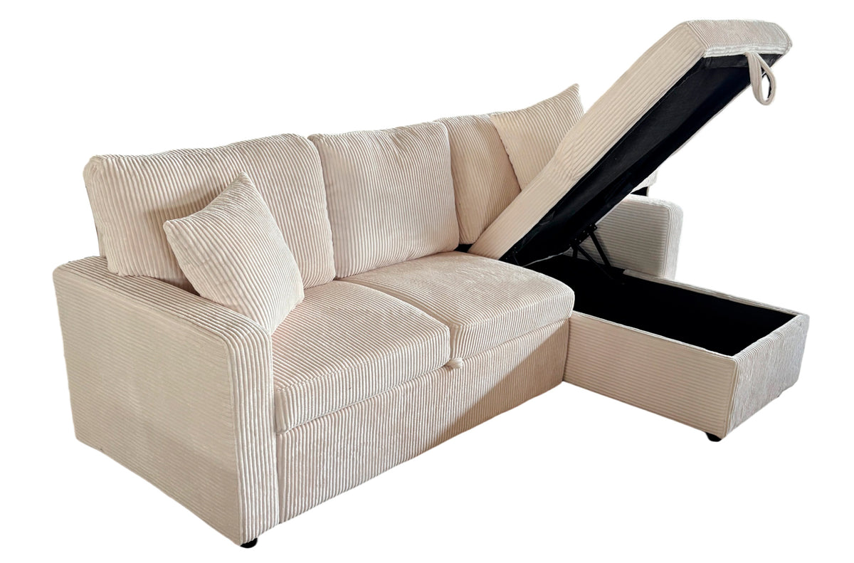 Sofá Cama Chaise 210 cm con Arcón Corduroy - Crema
