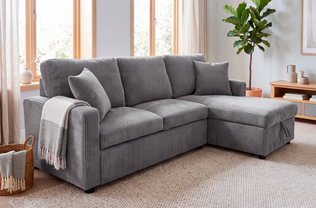 Sofá Cama Chaise 210 cm con Arcón Corduroy - Gris