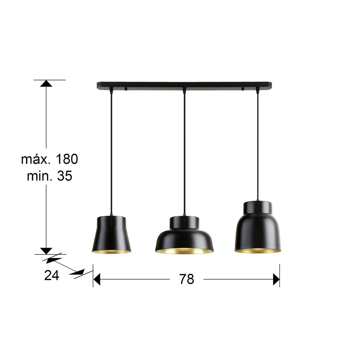 Lámpara de techo Vulcano 3 luces lineal negro y oro (i3) - medidas