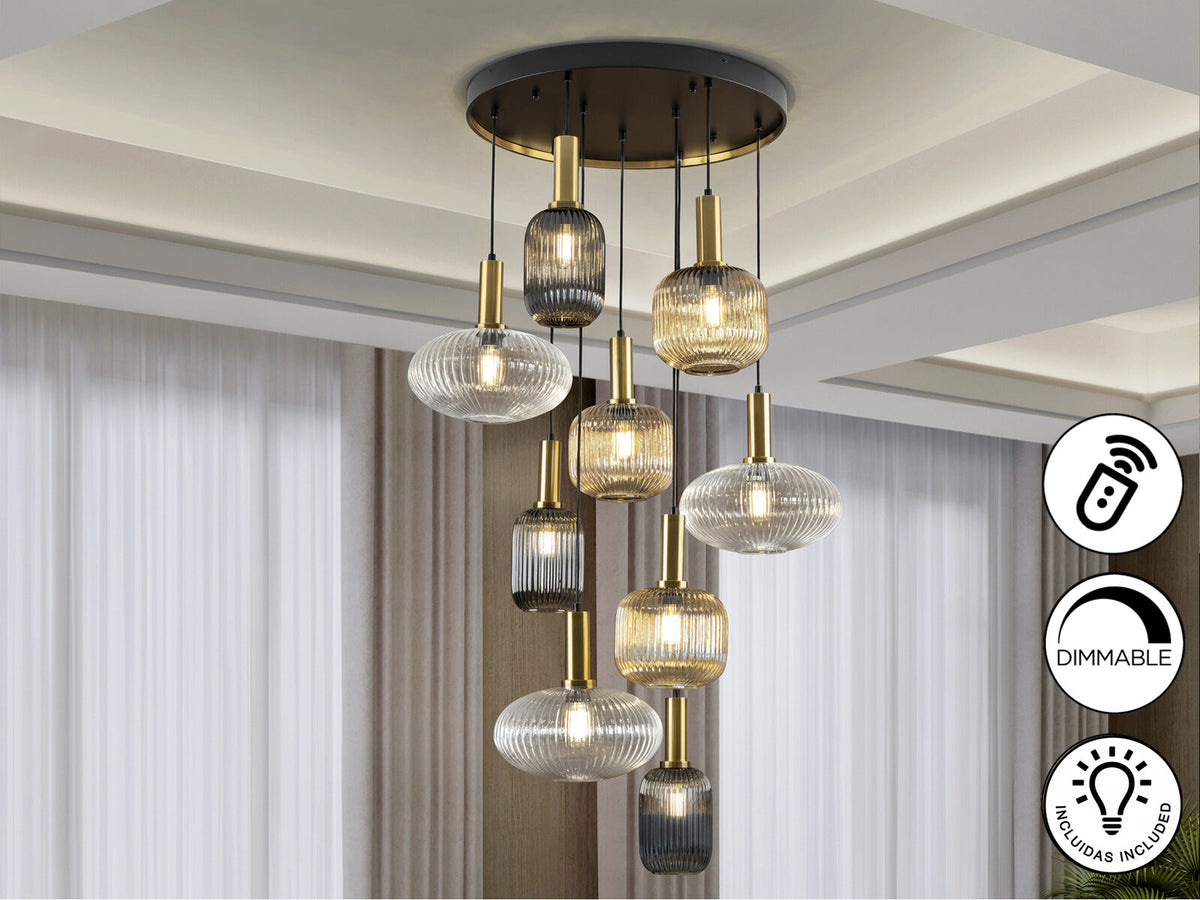 Lámpara de techo Norma 9 luces negro y latón dimable