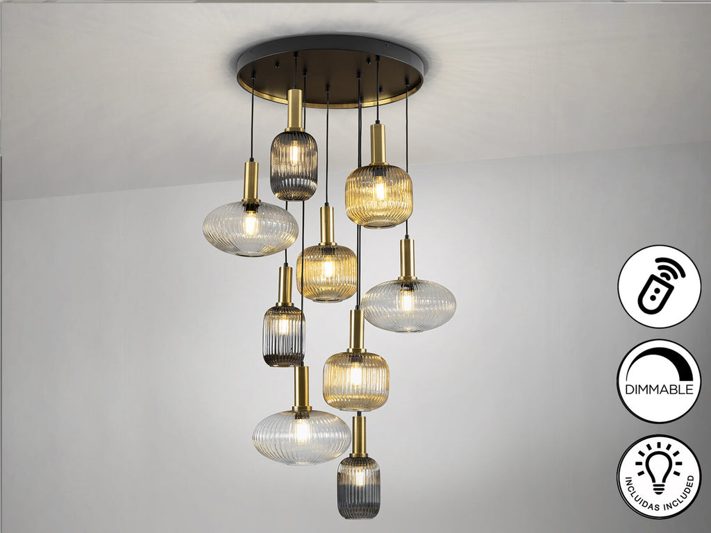 Lámpara de techo Norma 9 luces negro y latón dimable