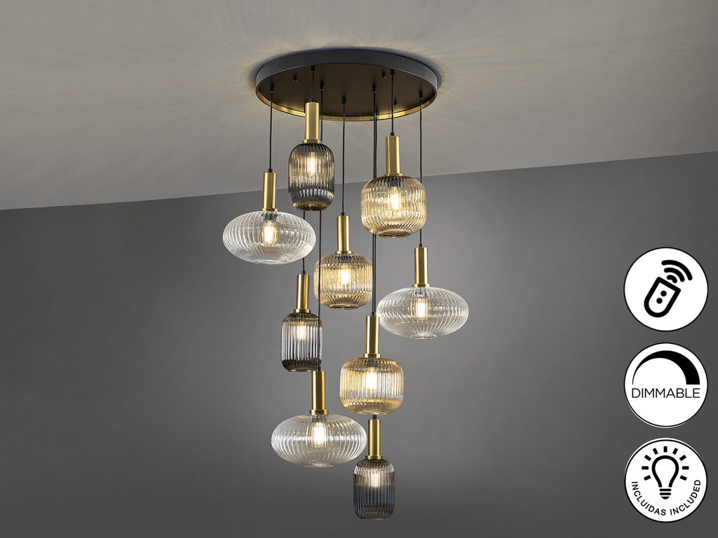 Lámpara de techo Norma 9 luces negro y latón dimable