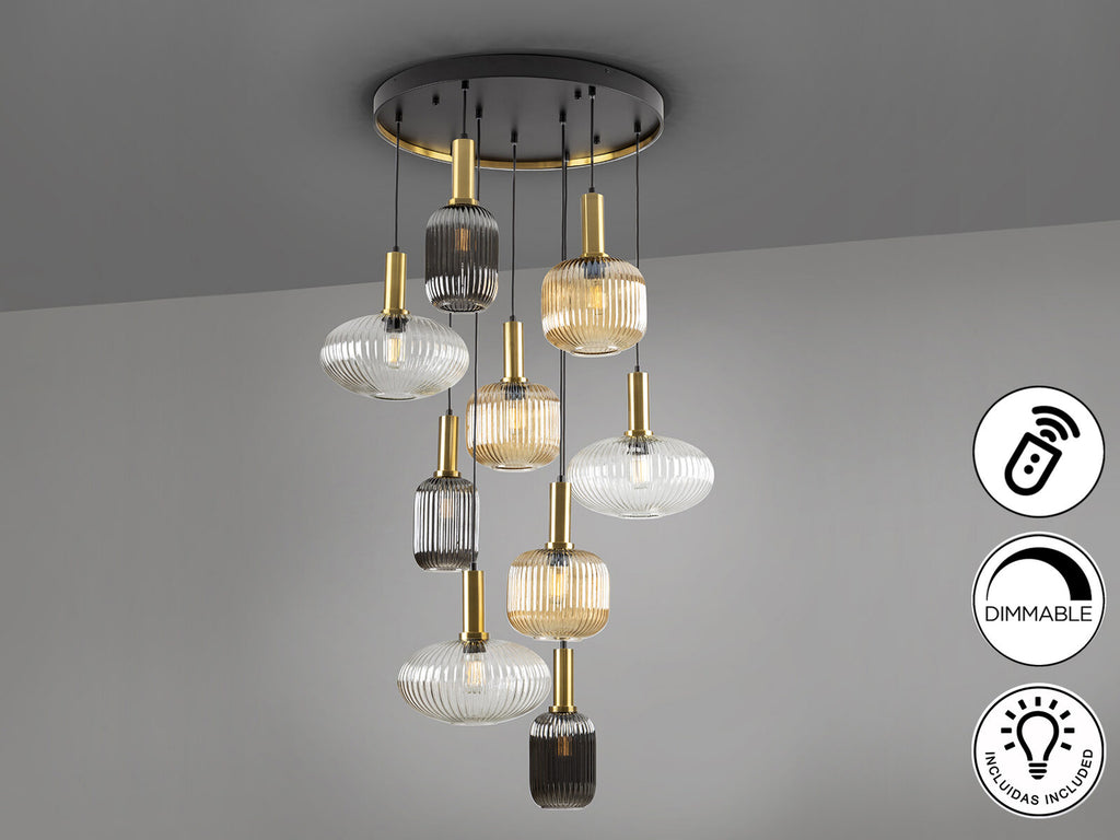 Lámpara de techo Norma 9 luces negro y latón dimable