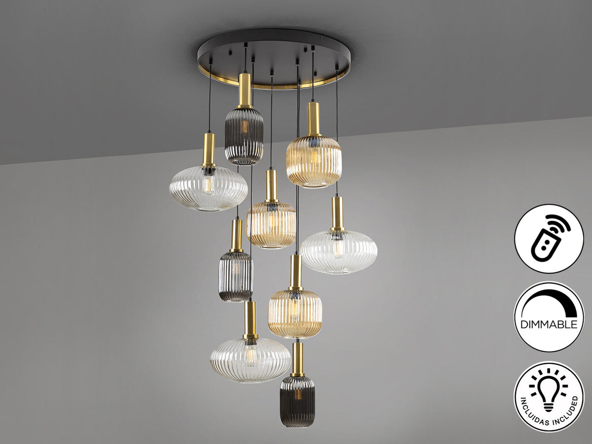 Lámpara de techo Norma 9 luces negro y latón dimable