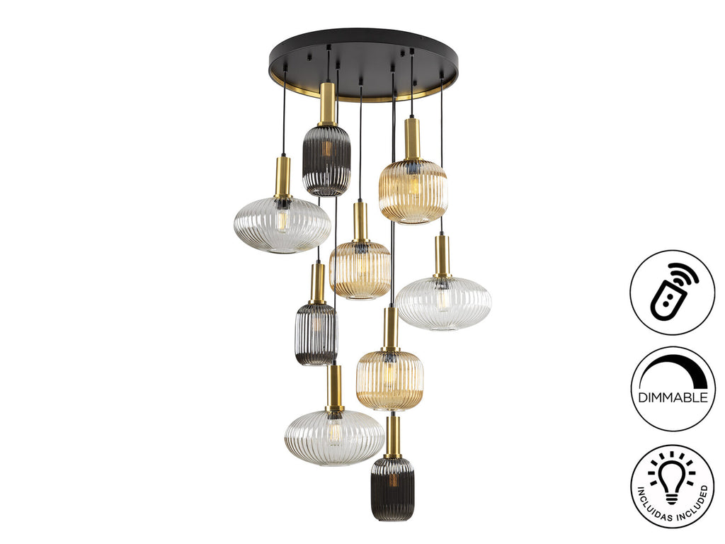 Lámpara de techo Norma 9 luces negro y latón dimable