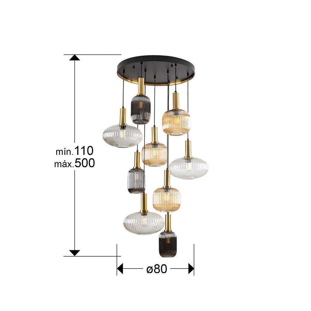 Lámpara de techo grande Norma 9 luces negro y latón altura 500 cm - medidas