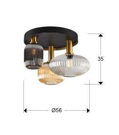 Plafón Norma 3 luces negro y latón - medidas