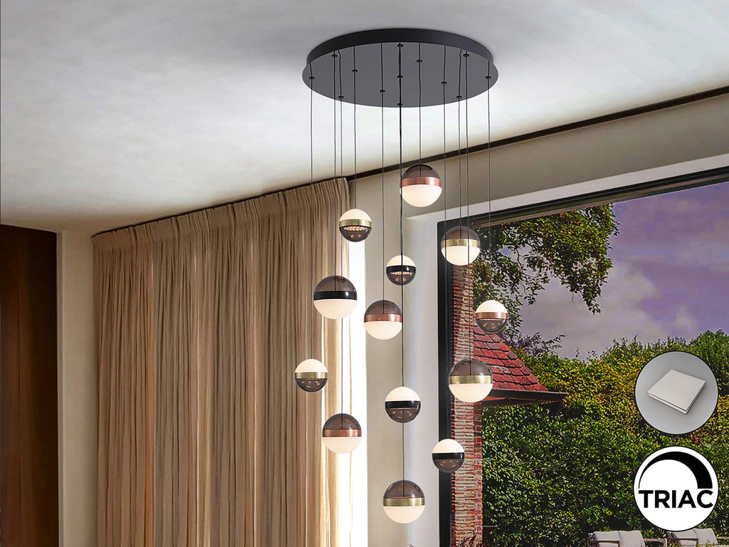 Lámpara de techo Orbes 13 luces negro, cobre y latón