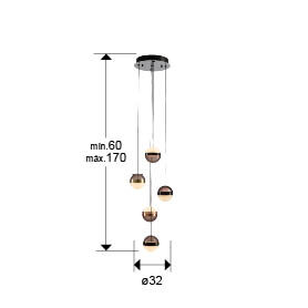 Lámpara de techo Orbes 5 luces negro, cobre y latón - medidas