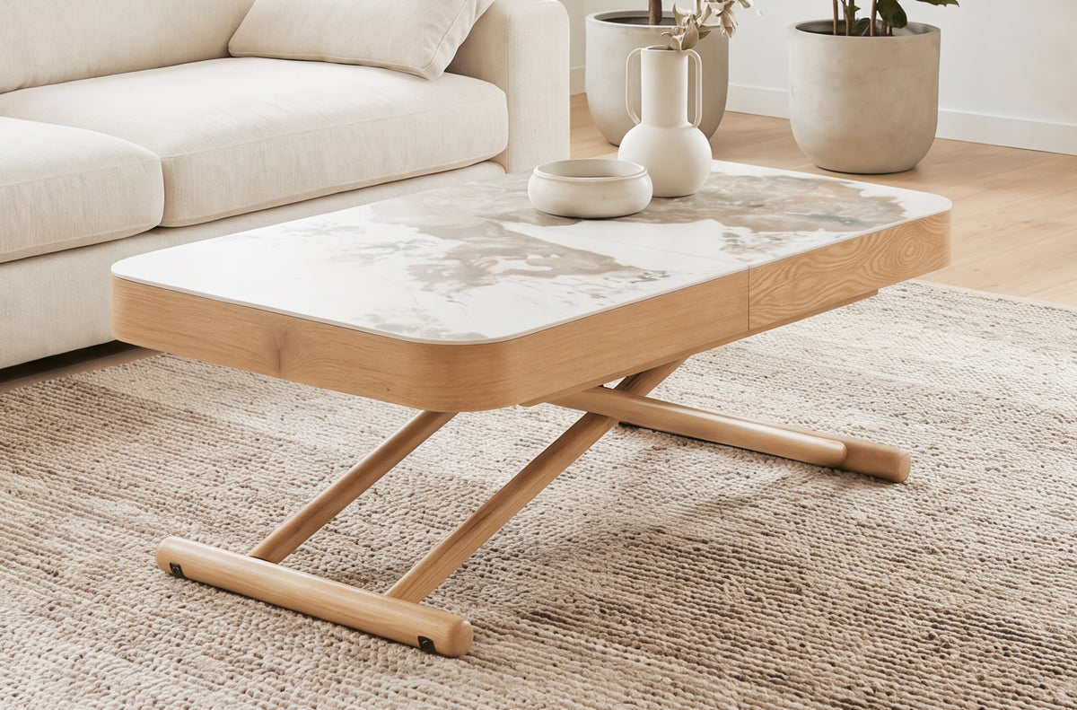 Mesa Centro Elevable y Extensible 120 - 160 - 200 cm con Elevación Eléctrica Turin Cerámica / Oak - Cerámica / Oak
