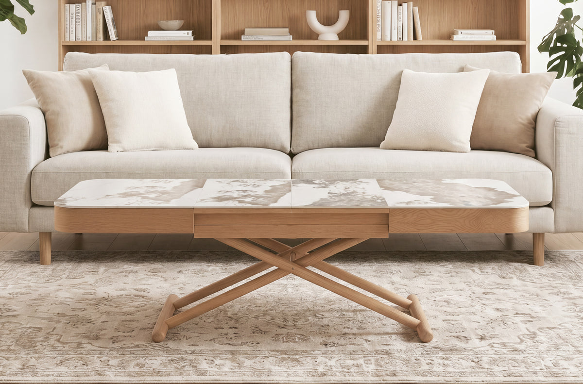 Mesa Centro Elevable y Extensible 120 - 160 - 200 cm con Elevación Eléctrica Turin Cerámica / Oak - Cerámica / Oak