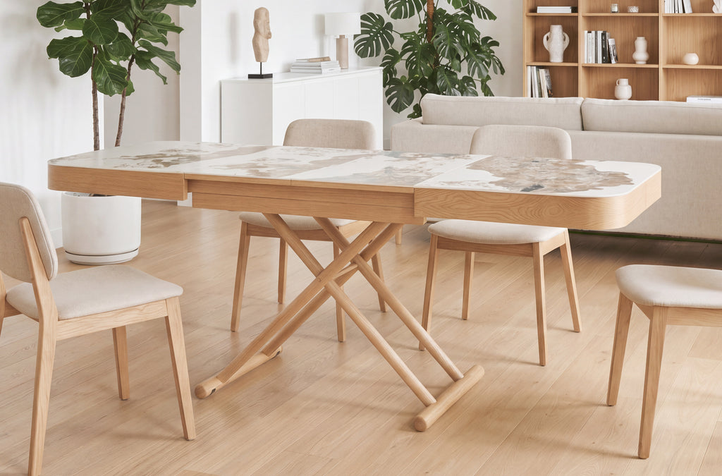 Mesa Centro Elevable y Extensible 120 - 160 - 200 cm con Elevación Eléctrica Turin Cerámica / Oak - Cerámica / Oak