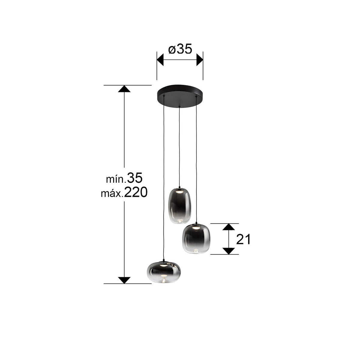 Lámpara de techo Ónice 3 luces negro y smoke Ø33 - medidas