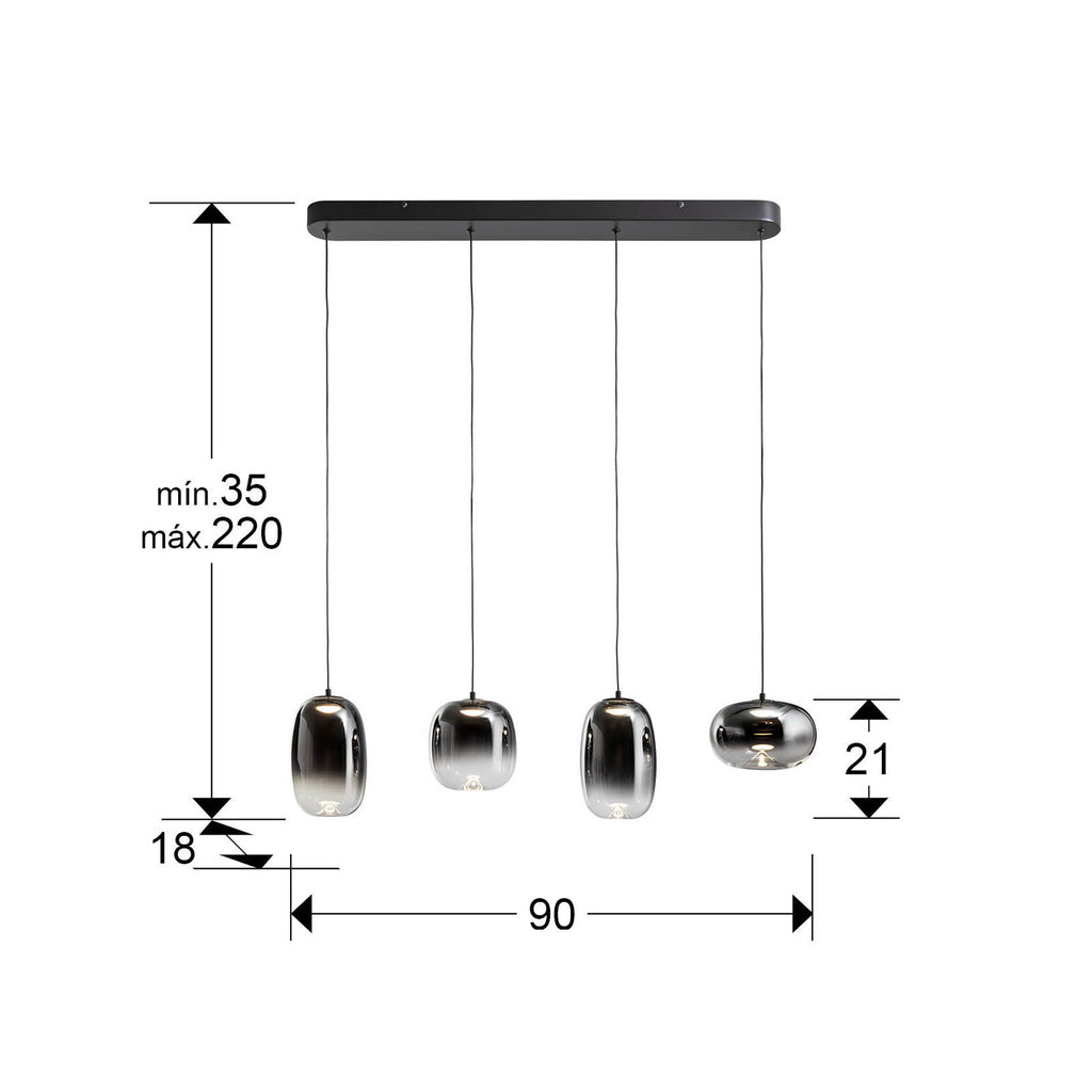 Lámpara de techo Ónice lineal 4 luces negro y smoke - medidas