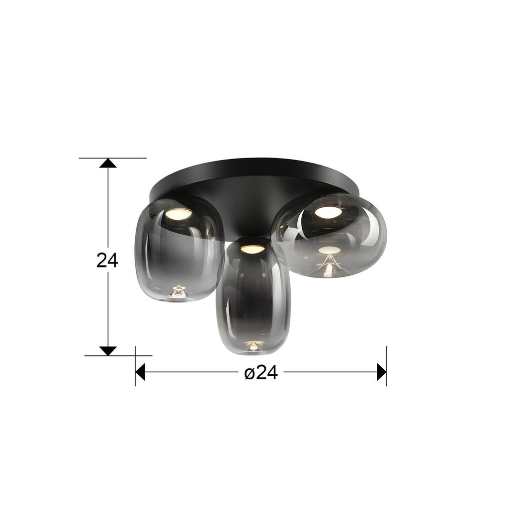 Plafón LED Onice 3 luces negro y smoke regulable en altura - medidas