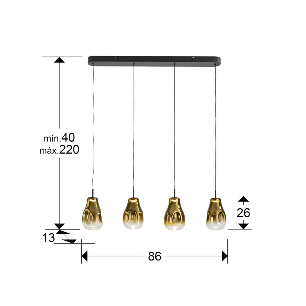 Lámpara de techo Aledis 4 luces negro y dorado - medidas