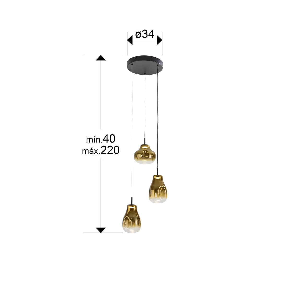 Lámpara de techo Aledis 3 luces negro y dorado - medidas