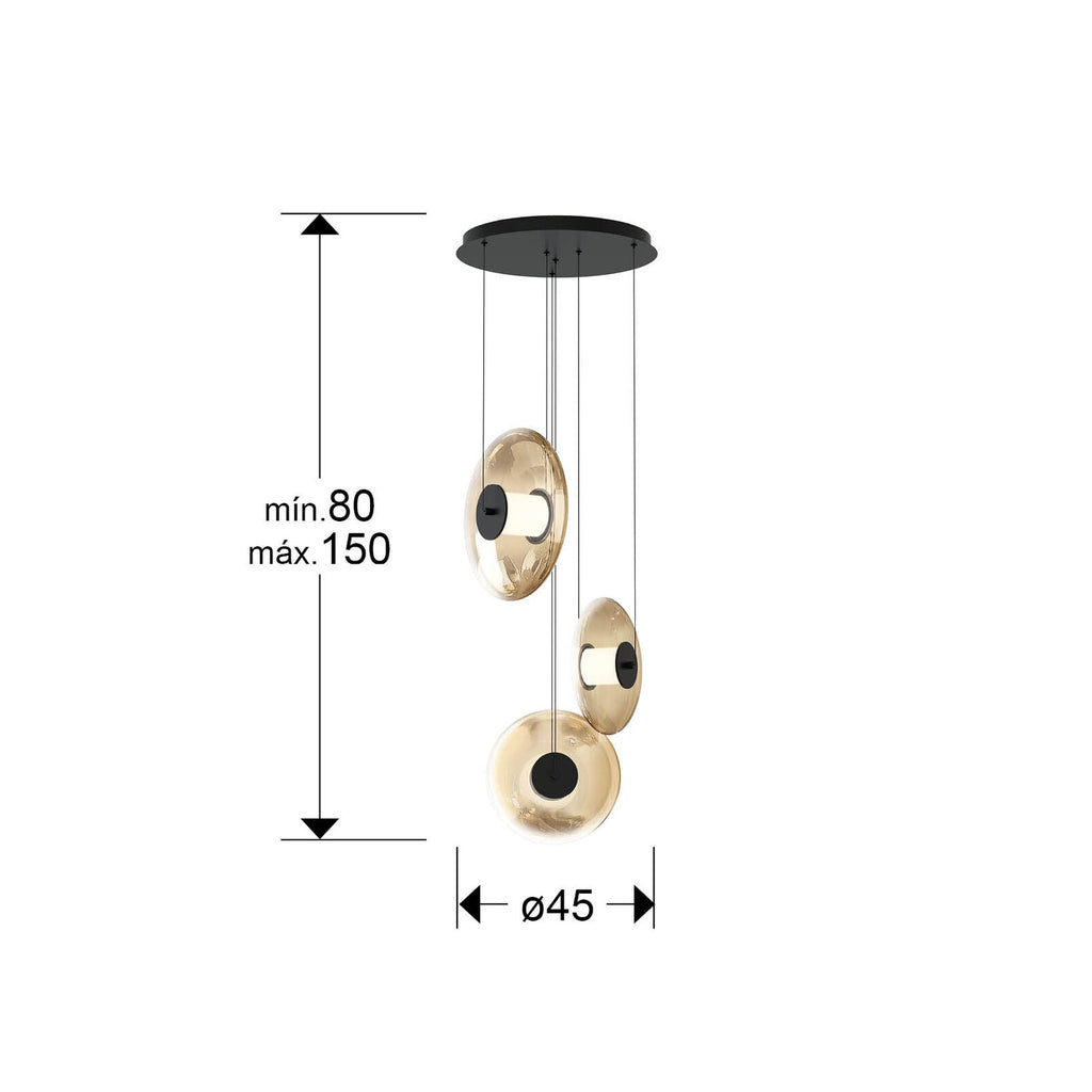 Lámpara de techo Diabolo 3 luces negro y ámbar - medidas