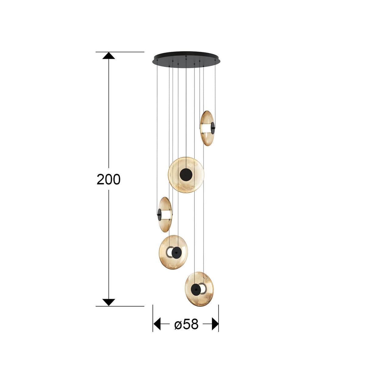 Lámpara de techo Diabolo 5 luces negro y ámbar - medidas