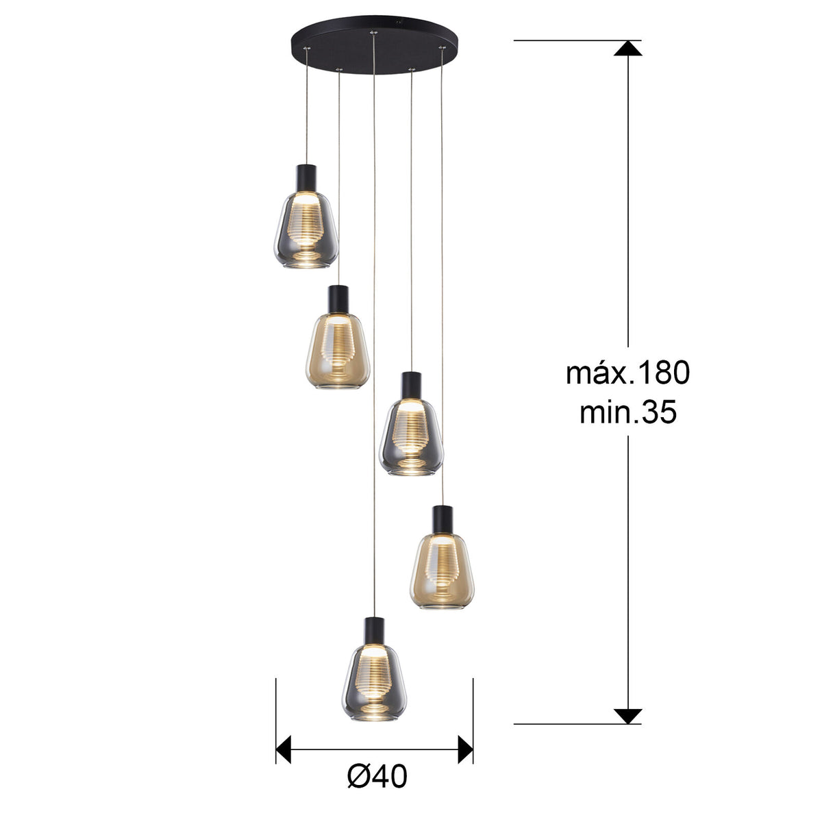 Lámpara de techo Carisa 5 luces Ø40 negro y ámbar (i3) - medidas