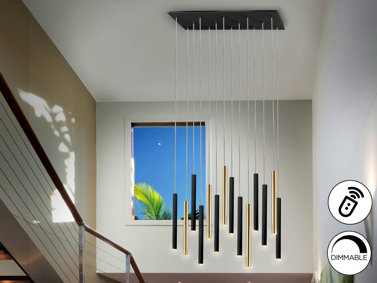 Lámpara de techo grande Varas 14 luces oro y negro con mando