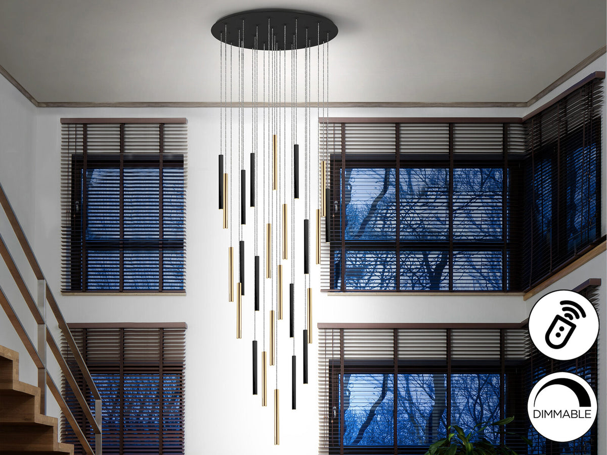 Lámpara de techo grande Varas 25 luces redonda oro y negro con mando