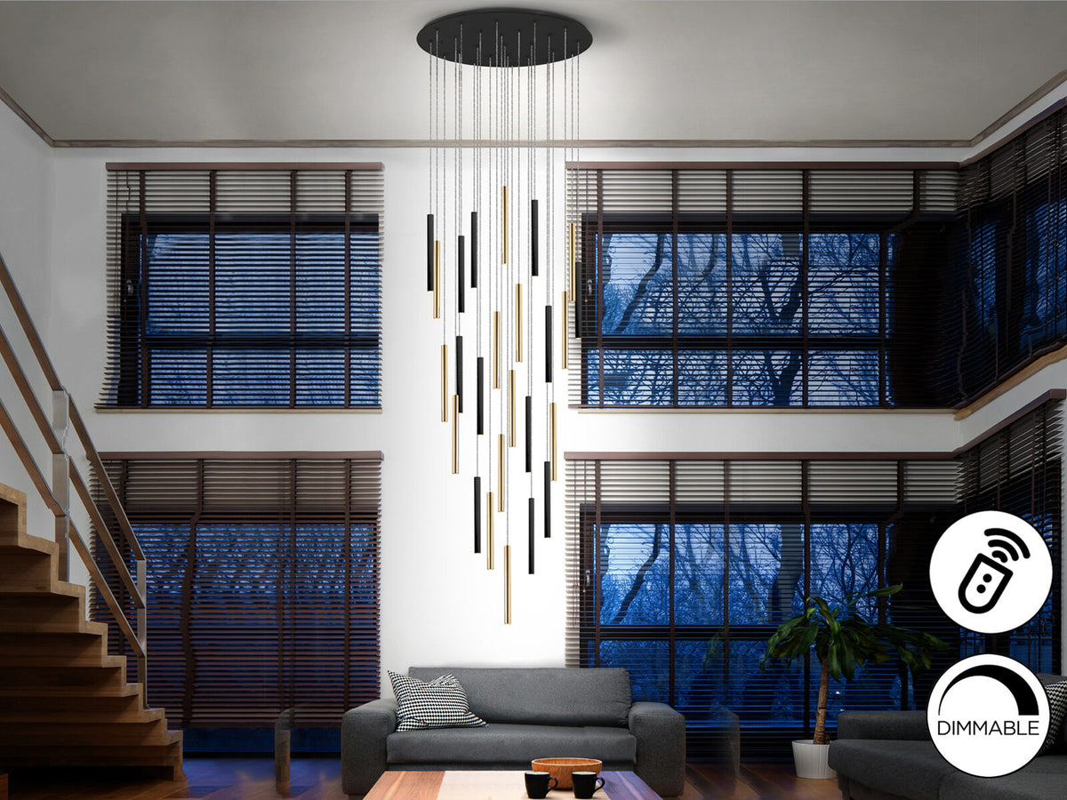 Lámpara de techo grande Varas 25 luces redonda oro y negro con mando