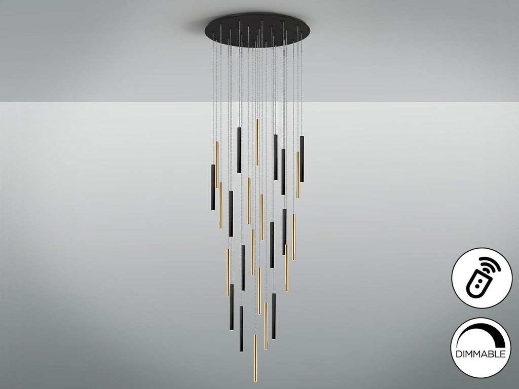 Lámpara de techo grande Varas 25 luces redonda oro y negro con mando
