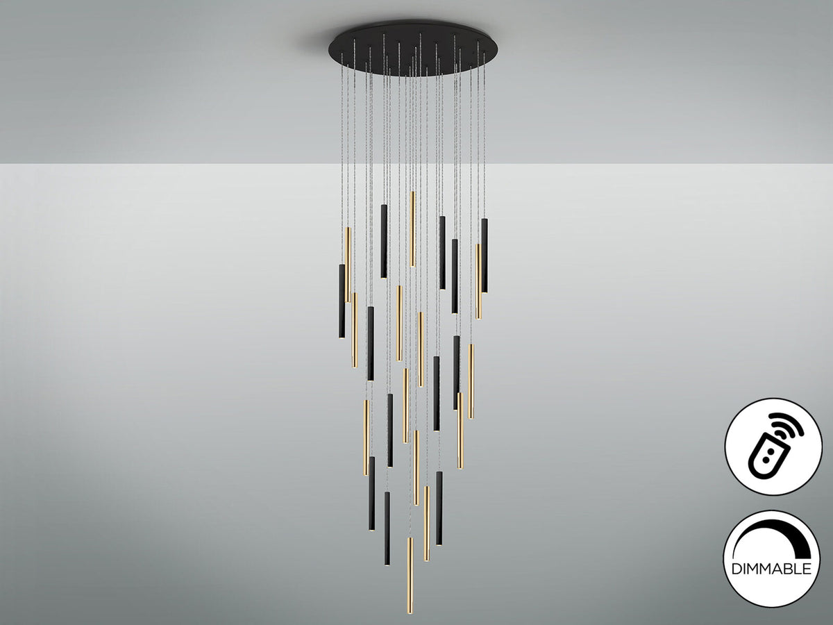Lámpara de techo grande Varas 25 luces redonda oro y negro con mando