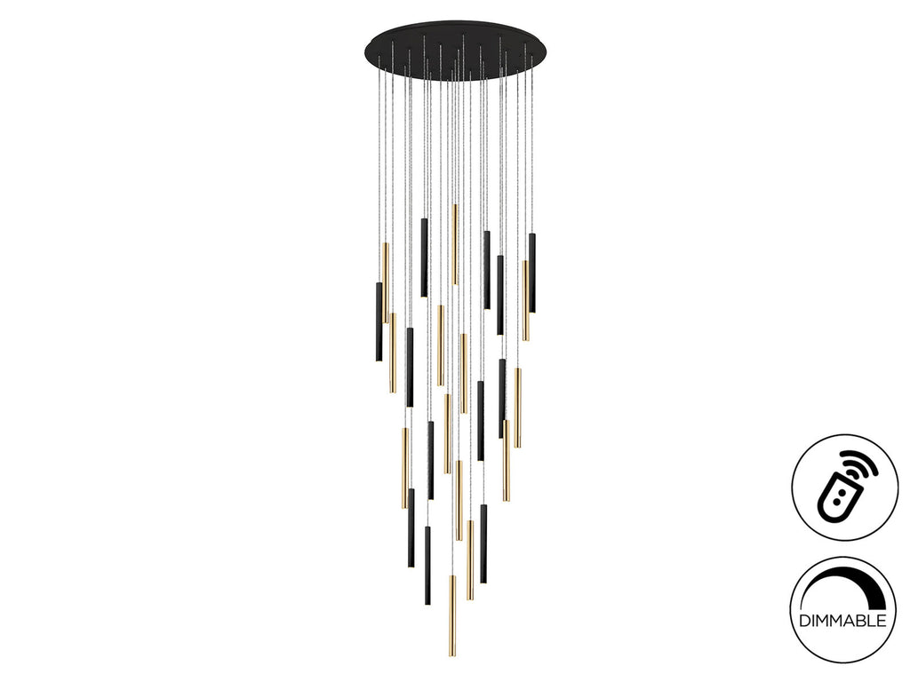 Lámpara de techo grande Varas 25 luces redonda oro y negro con mando