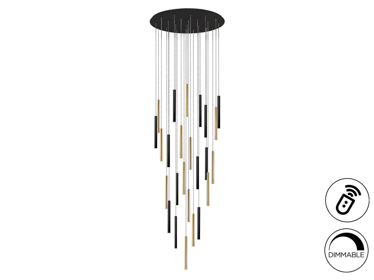 Lámpara de techo grande Varas 25 luces redonda oro y negro con mando