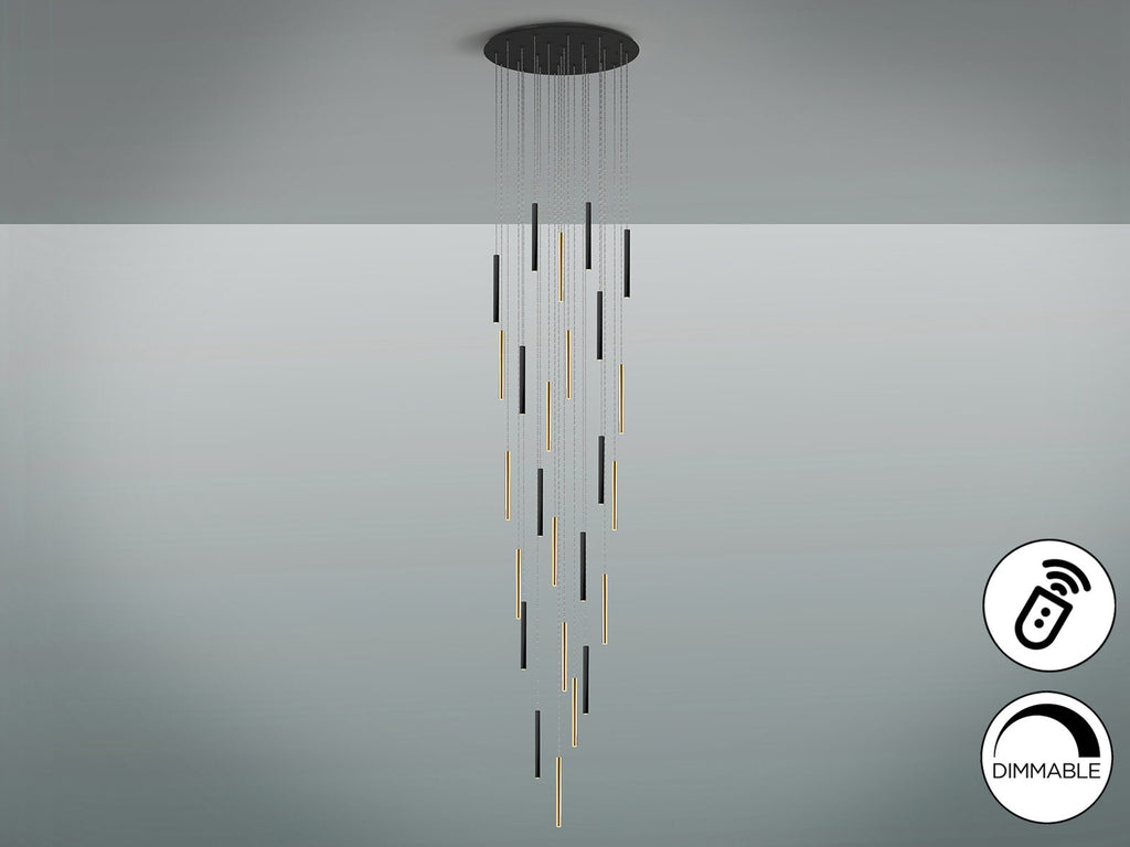 Lámpara de techo grande Varas 25 luces redonda oro y negro altura 500 cm