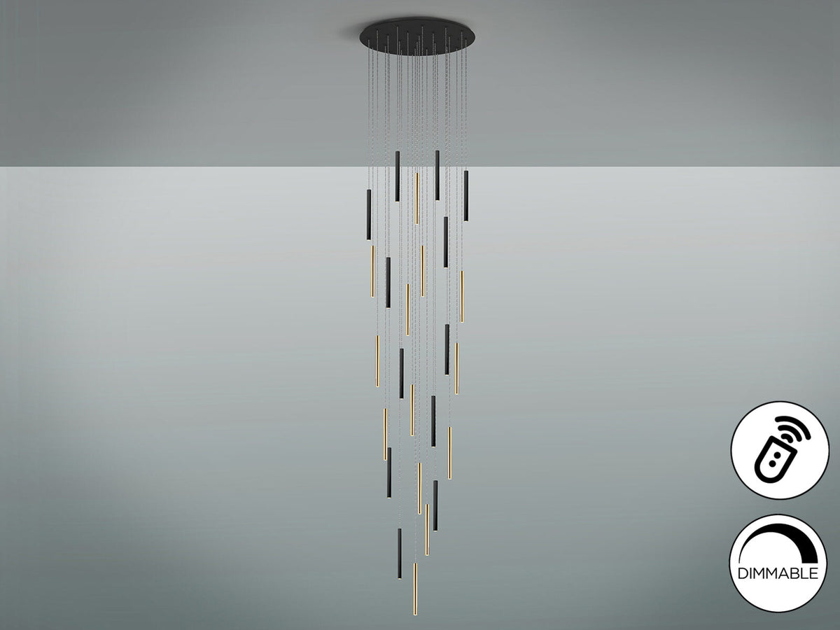 Lámpara de techo grande Varas 25 luces redonda oro y negro altura 500 cm