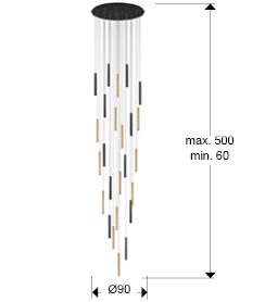 Lámpara de techo grande Varas 25 luces redonda oro y negro altura 500 cm - medidas