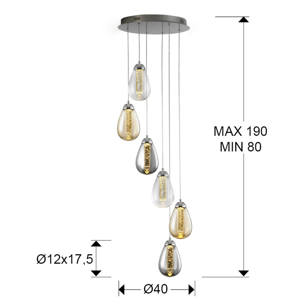 Lámpara de techo Taccia 6 luces cromo y colores - medidas