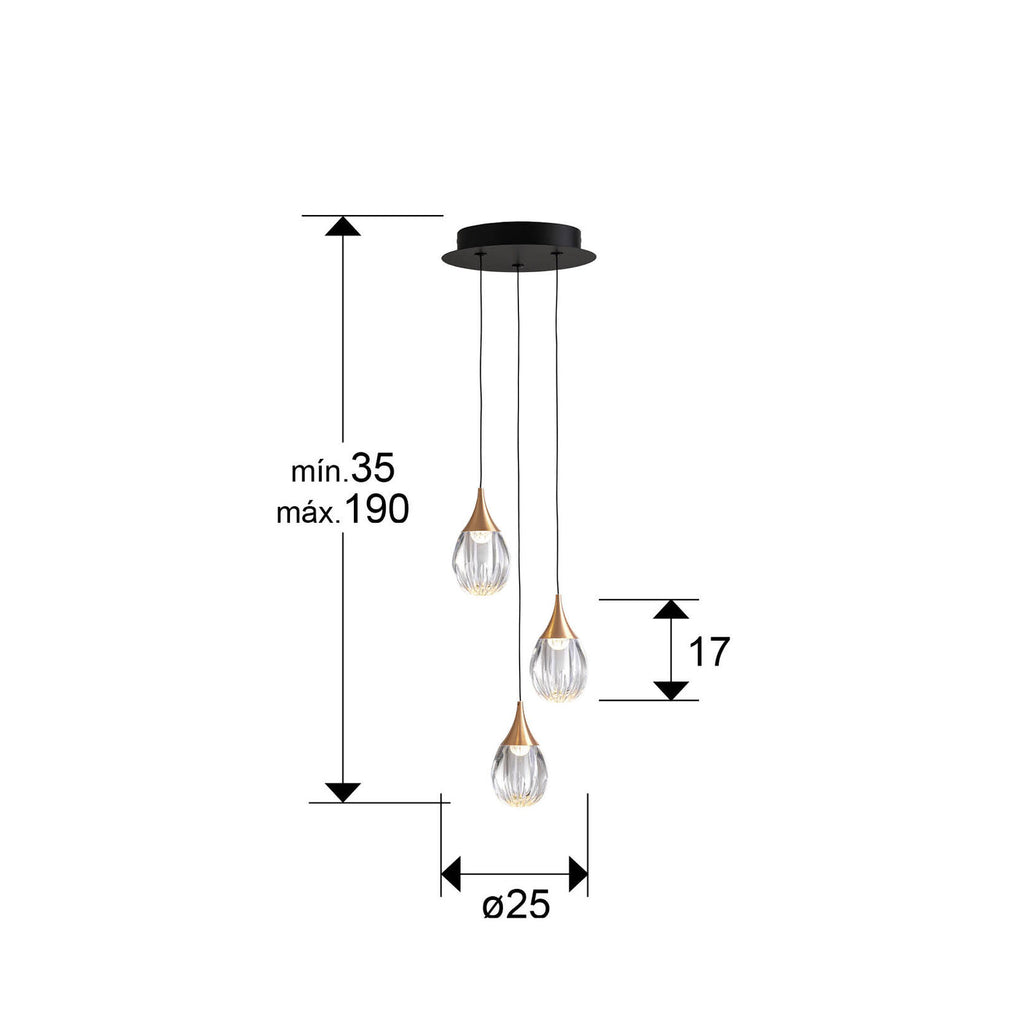 Lámpara de techo Corina 3 luces negro y cobre - medidas