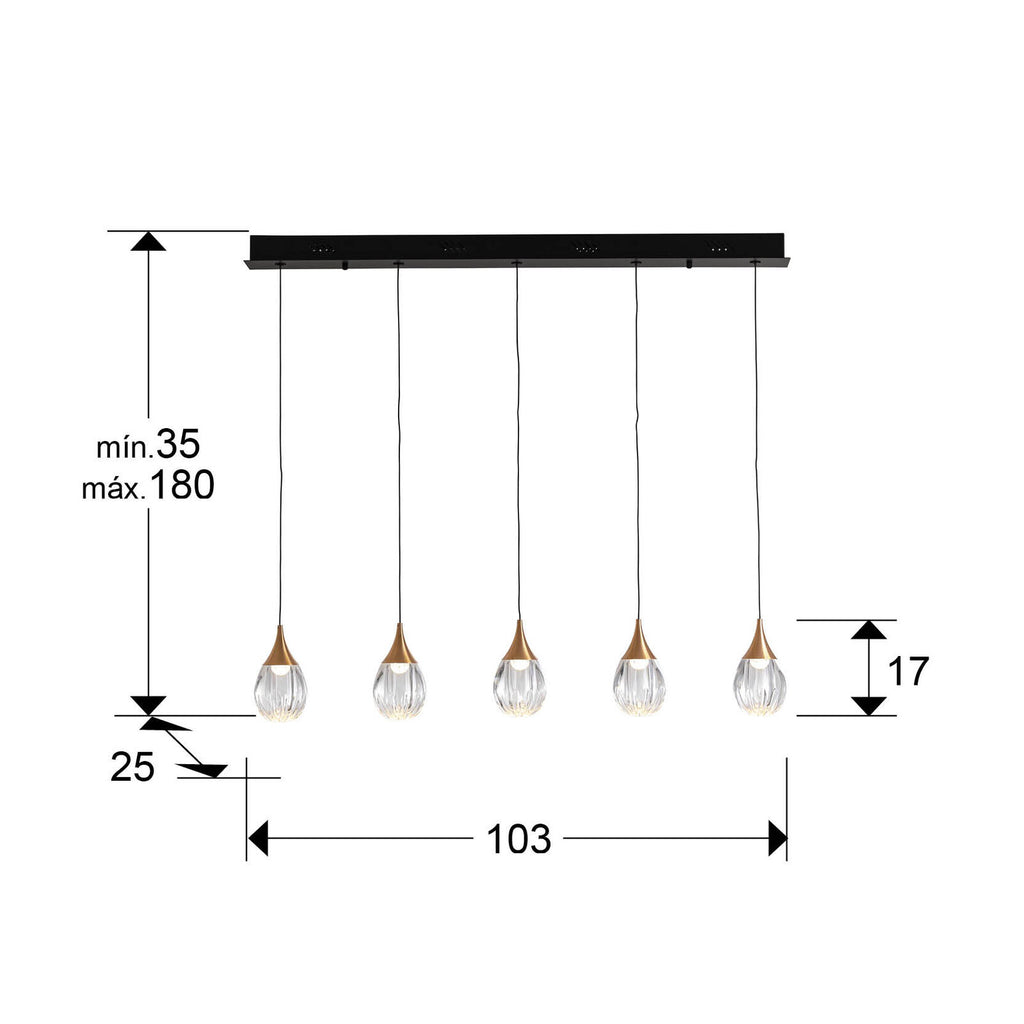 Lámpara de techo Corina 5 luces negro y cobre - medidas