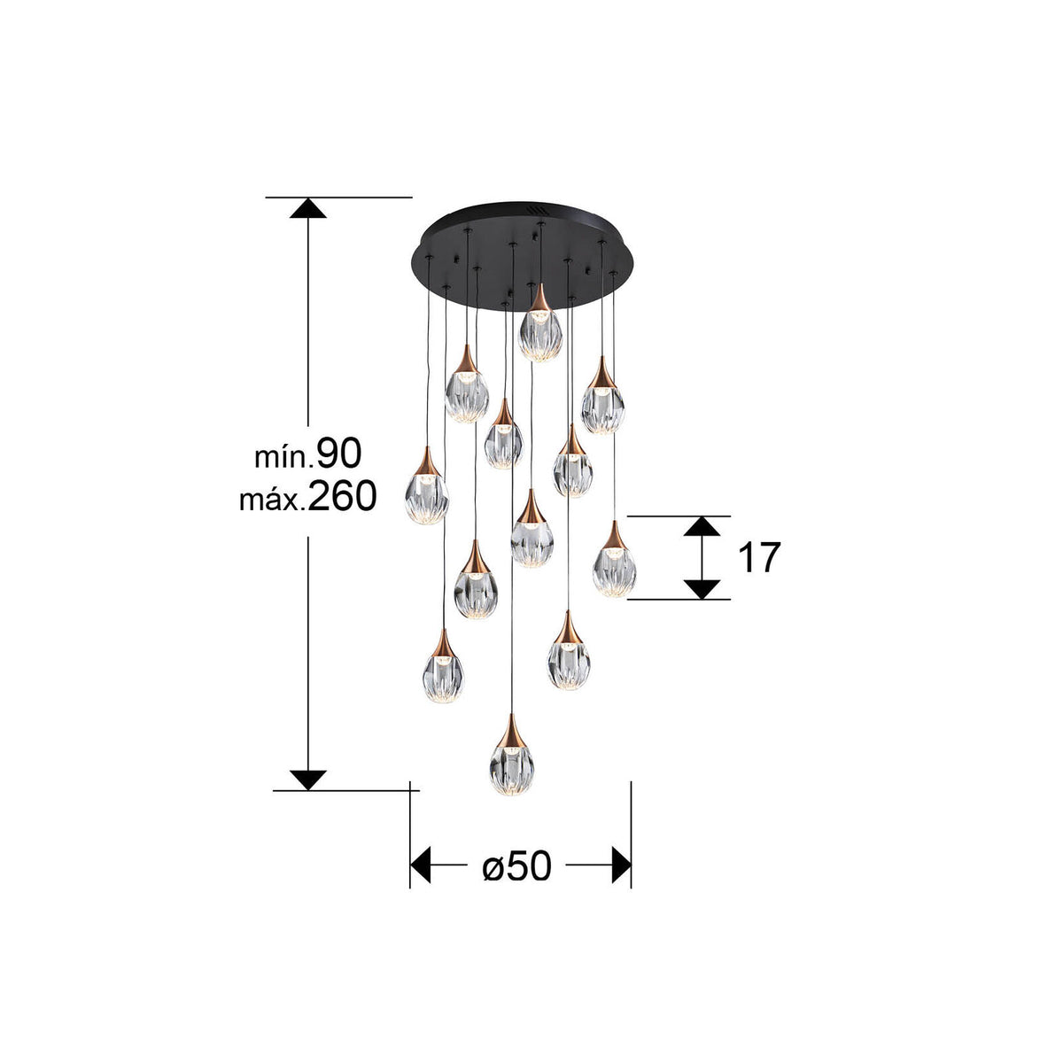 Lámpara de techo Corina 12 luces negro y cobre - medidas