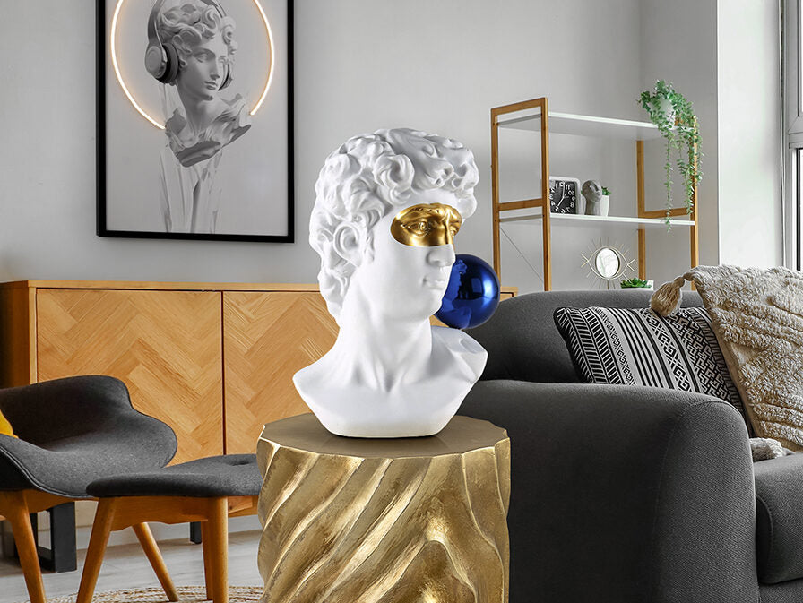 Figura decorativa busto David blanco, oro y azul
