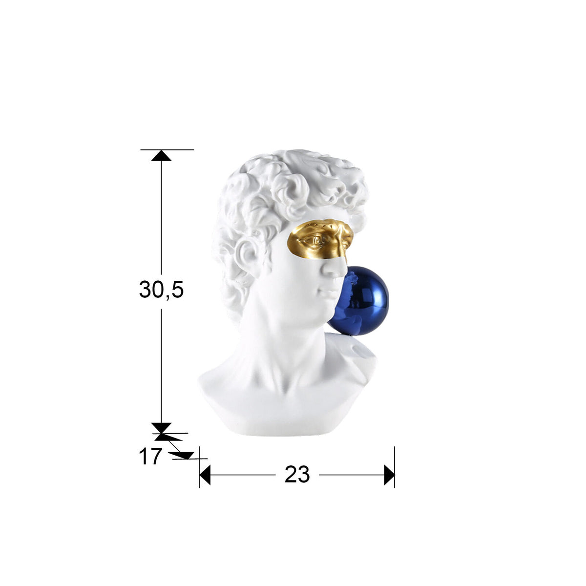 Figura decorativa busto David blanco, oro y azul - medidas