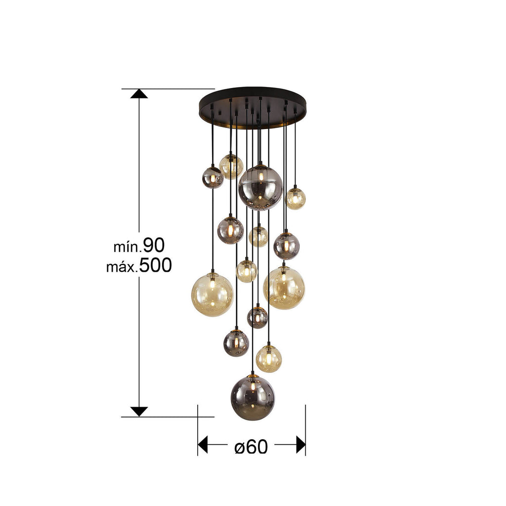 Lámpara de techo grande Dark 14 luces negro y latón altura 500 cm - medidas