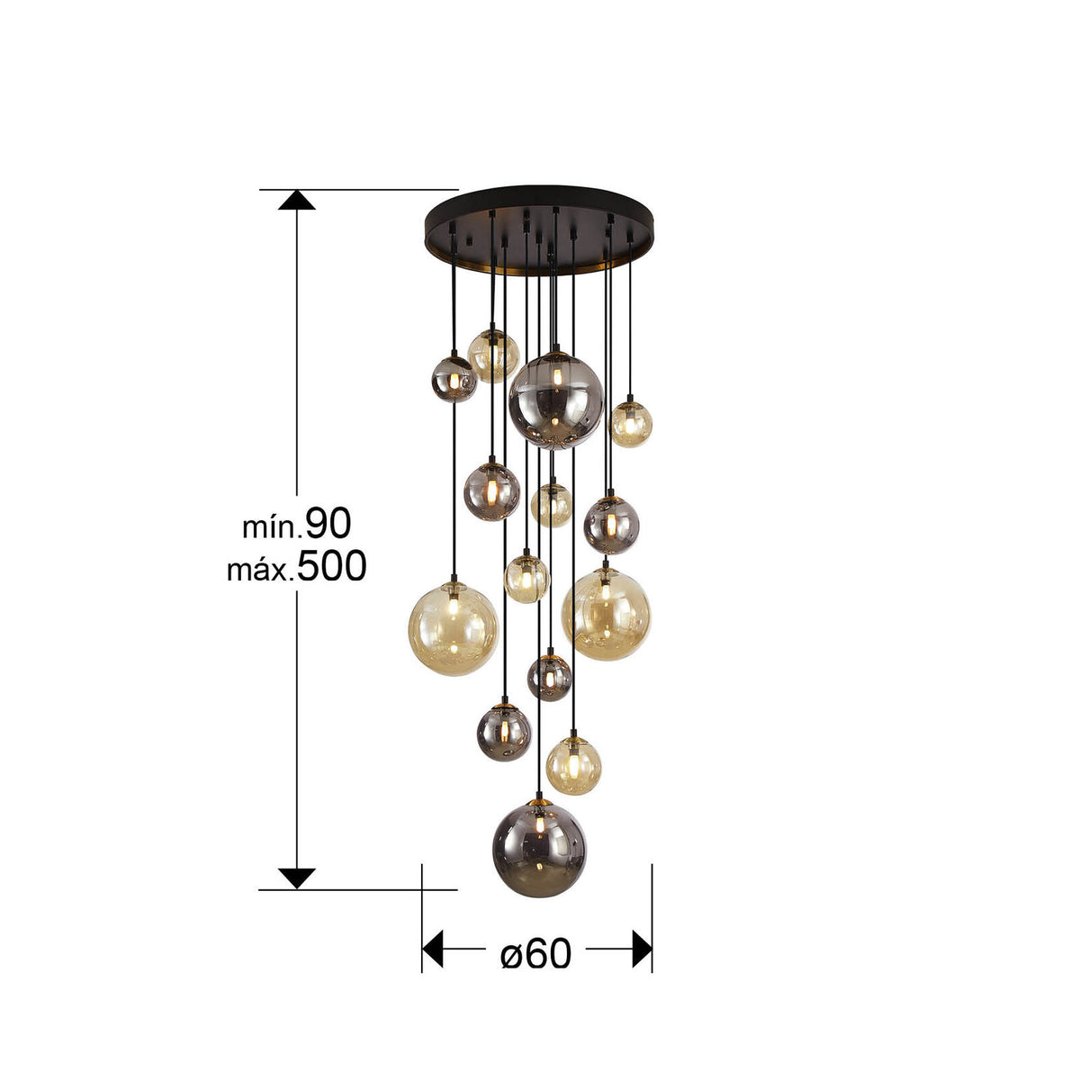 Lámpara de techo grande Dark 14 luces negro y latón altura 500 cm - medidas