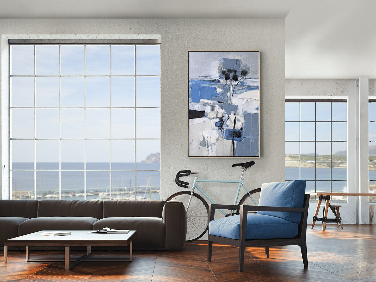Cuadro pintado a mano Paisaje azul 83 × 123 cm roble claro