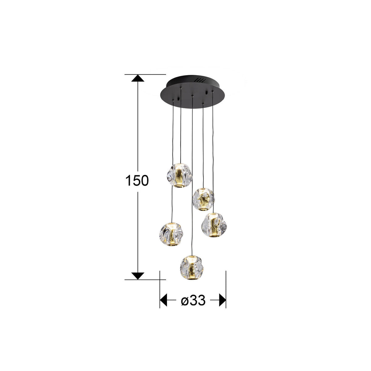 Lámpara de techo Zaria 5 luces redonda Ø33 negro y oro - medidas