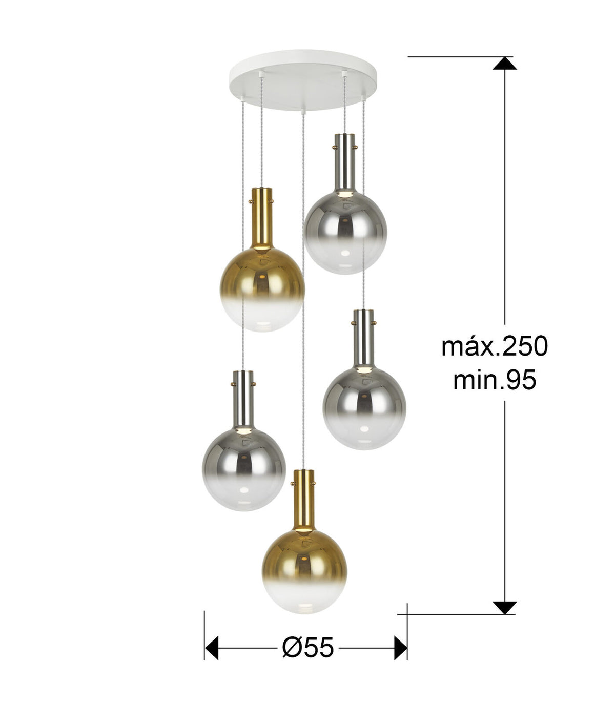 Lámpara de techo Matices 5 luces blanco, smoke y oro - medidas
