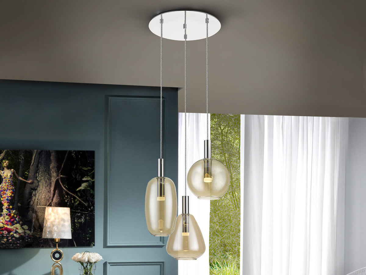 Lámpara de techo Nara 3 luces Ø45 cromo y ámbar (i3)