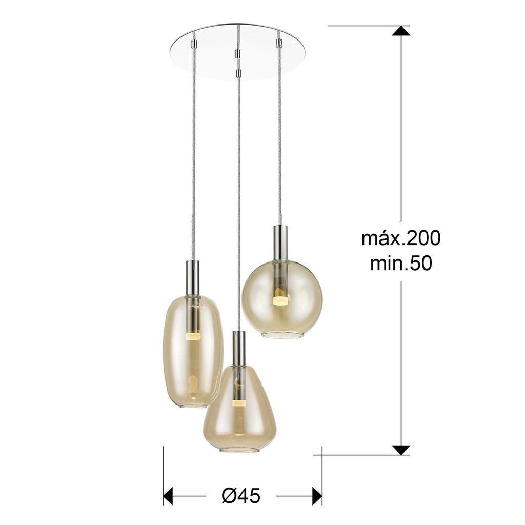 Lámpara de techo Nara 3 luces Ø45 cromo y ámbar (i3) - medidas